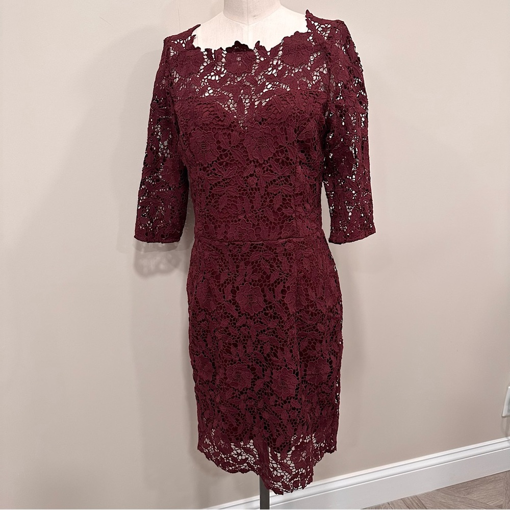 SOIEBLU Sangria Wine Floral-Lace Three-Quarter Sleeve Dress Size Medium - Picture 2 of 16